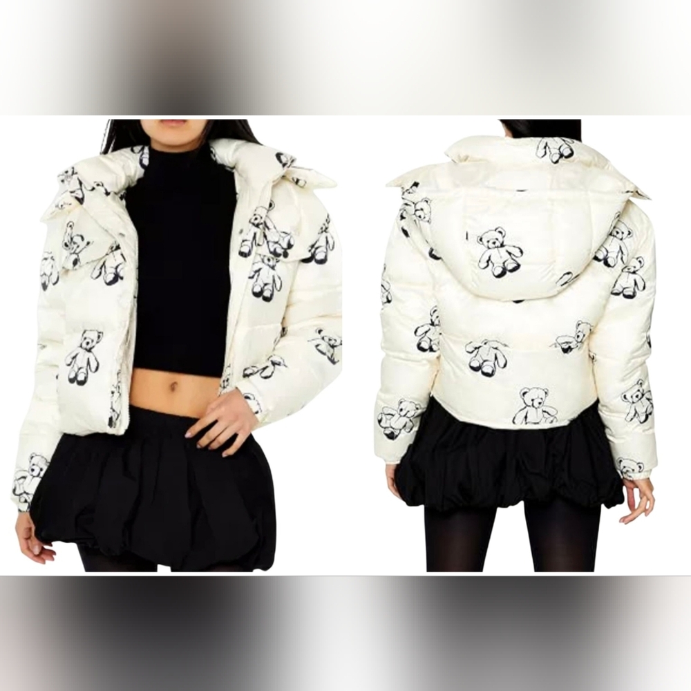 For Ever 21 Off White Teddy Bear Print Puffer Women Jacket Size Small NWT